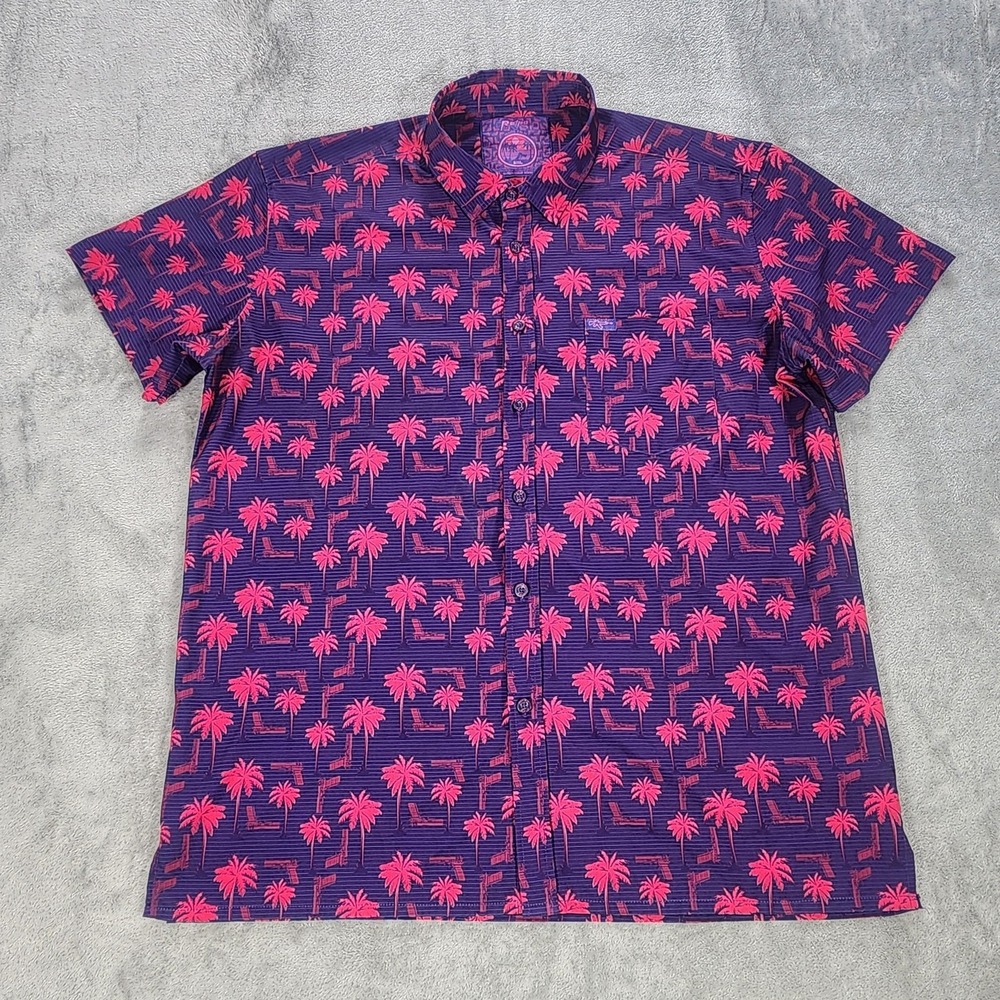 Retro Rifle Shirt Mens 2XL Purple Palm Tree Short Sleeve Tropical Button Up